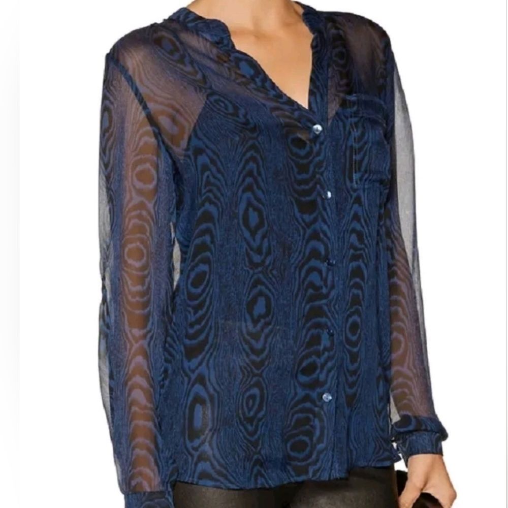 Diane von Furstenberg Dark Blue & Black Woodgrain Print Silk blouse top size 8